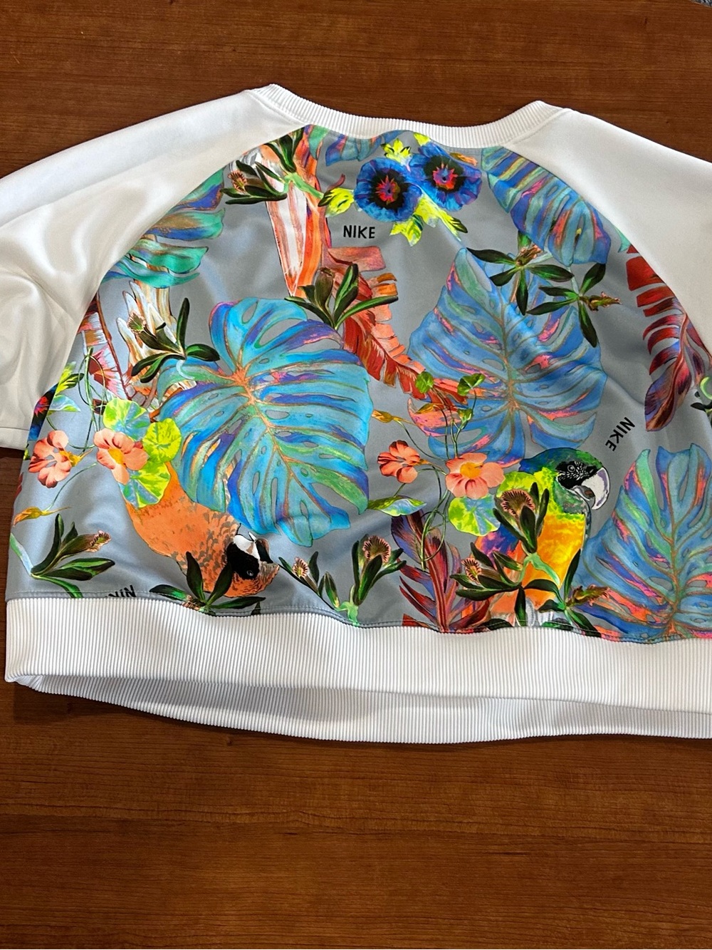 Women’s Nike White Pullover with Blue Tropical Leaf & Parrot Print